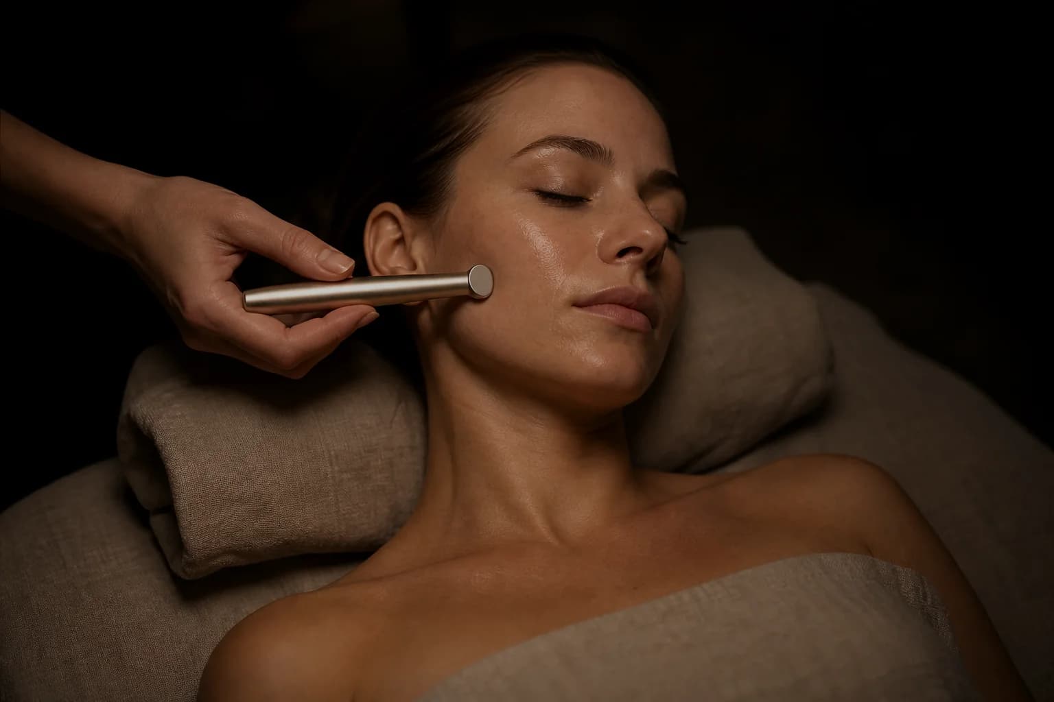 A microneedling pen being glided along the cheek in a warm, softly lit treatment room